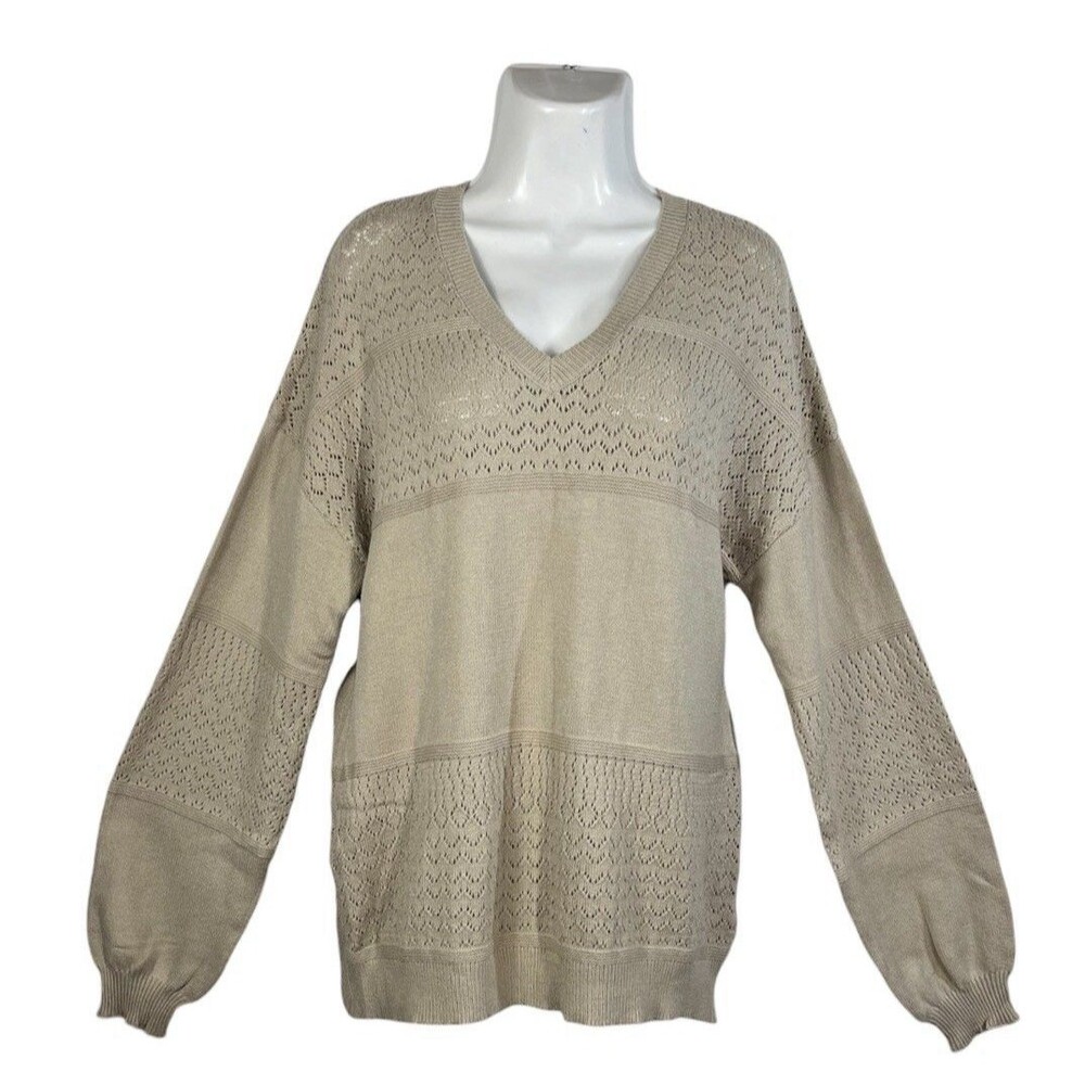 Zeagoo Boho Pointelle Knit Sweater XL Tan V-Neck Balloon Sleeve Lightweight Top